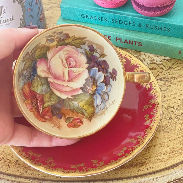 Vintage Aynsley J A Bailey cabbage rose teacup and saucer set, handpainted pink