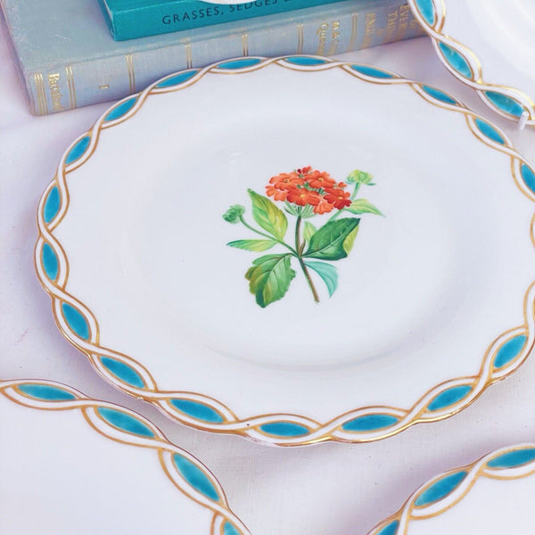 Antique Minton style dessert service, comport + 6 plates, cabbage rose turquoise