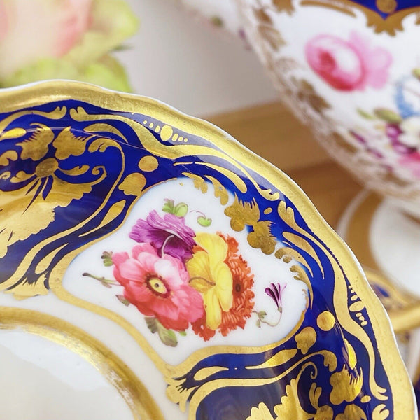 Antique Ridgway true trio teacup, coffee cup saucer, cobalt handpainted flowers