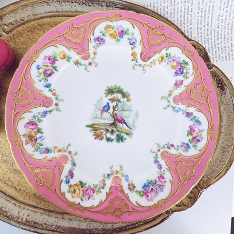 Antique Sèvres porcelain plate pink handpainted fancy birds flowers