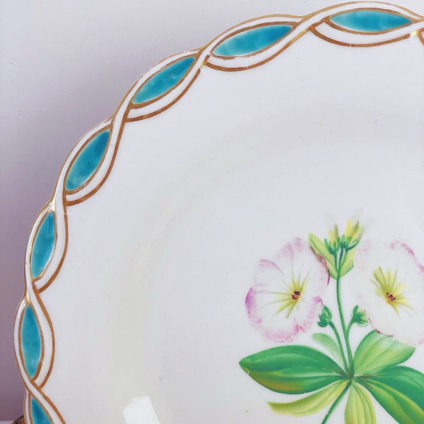 Antique Minton style dessert plate, central handpainted floral study, turquoise