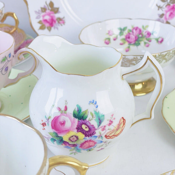 Vintage mismatch 21 piece tea set, pinks and greens, cake plate, trios, jug bowl