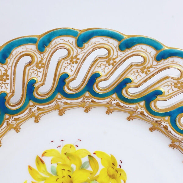 An antique Coalport reticulated dessert plate, handpainted botanical, turquoise