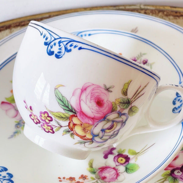 Antique Coalport teacup trio, handpainted flowers and blue edging