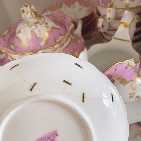 Antique Ridgway tea set, pink and gold, teapot, cake plate, sucrier, true trios