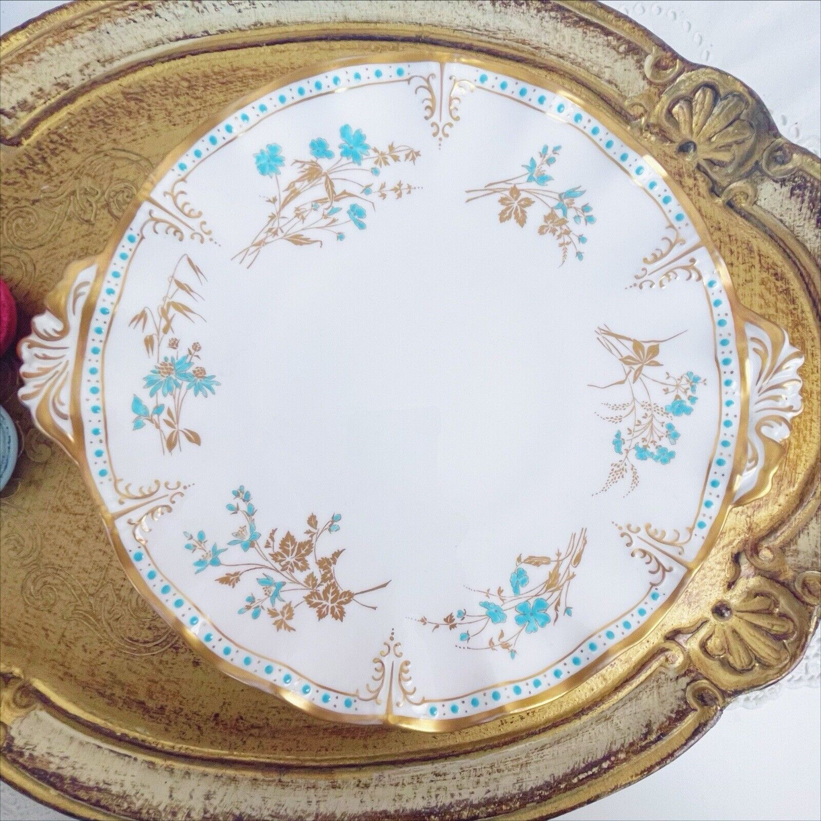 Royal Crown Derby Normandie eared cake plate, turquoise enamelled detail