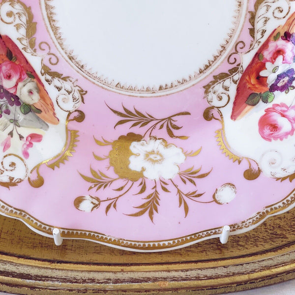 Antique Yates cake plate, pink ground with handpainted floral cartouches c.1825