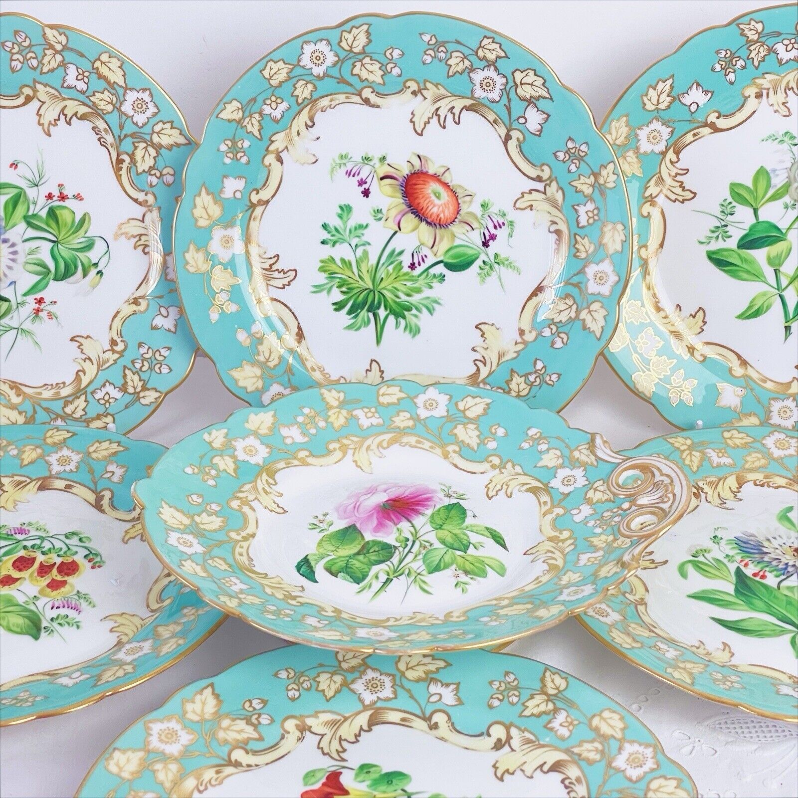 Samuel Alcock dessert service, six plates plus comport, turquoise handpainted