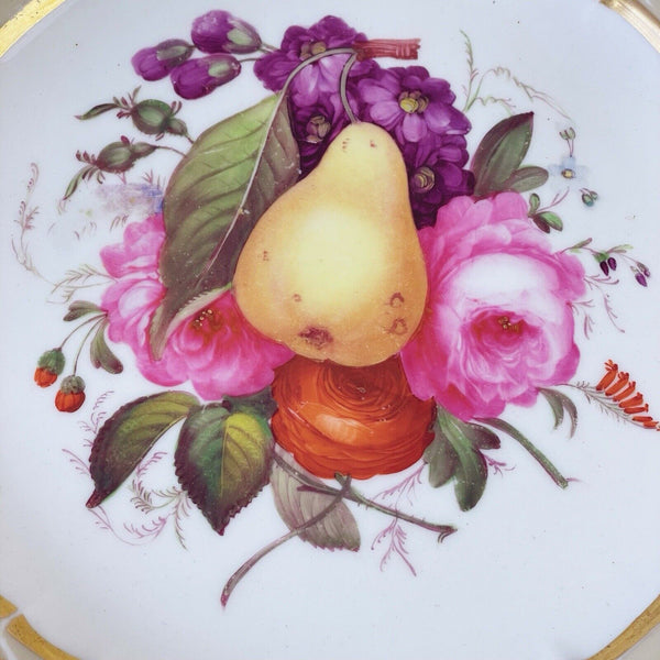 Antique Coalport moulded plate, c1820, handpainted with fruit and flowers