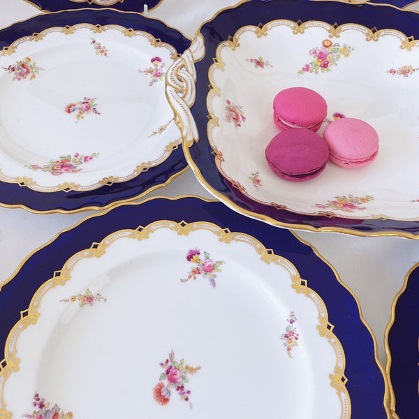 Antique Coalport dessert service, six plates and two serving dishes, c1890s