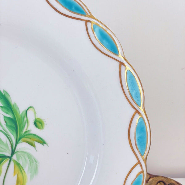 Antique Minton style dessert plate, central handpainted floral study, turquoise