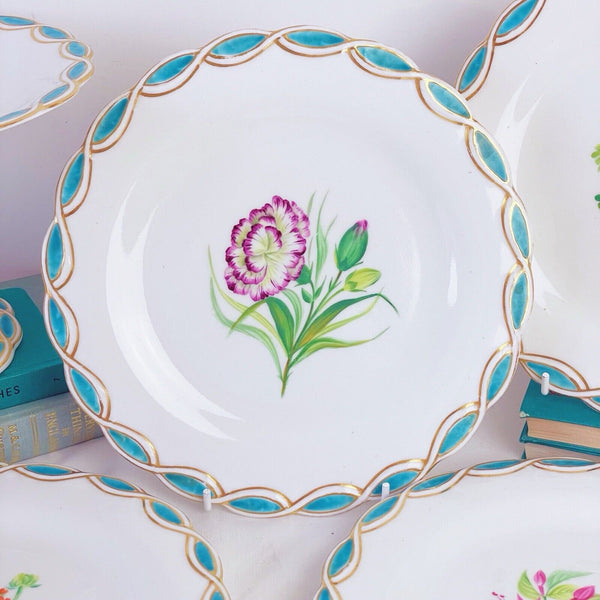 Antique Minton style dessert service, comport + 6 plates, cabbage rose turquoise