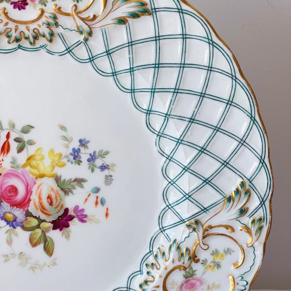 Antique Minton Newcastle shape dessert plate, handpainted flowers, 1855