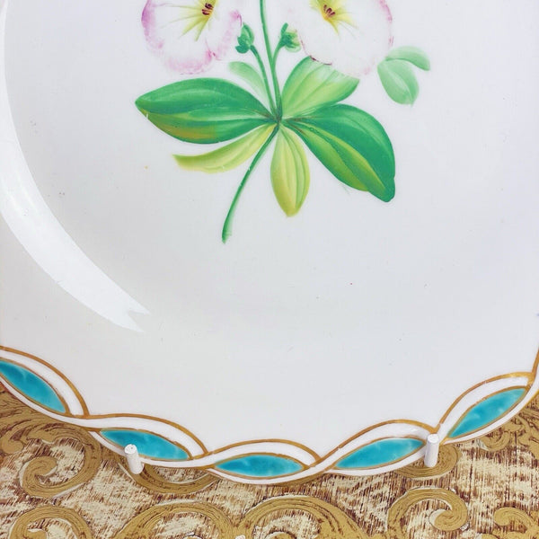 Antique Minton style dessert plate, central handpainted floral study, turquoise