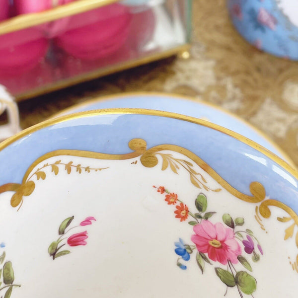 Antique Spode true trio, tea cup, coffee cup and saucer, handpainted flowers