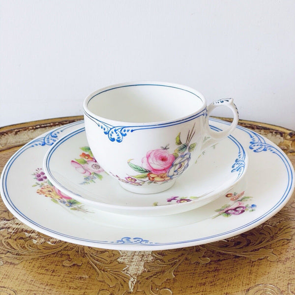 Antique Coalport teacup trio, handpainted flowers and blue edging