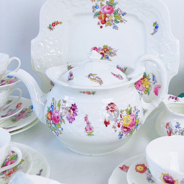 Coalport Sevres antique tea set with teapot - handpainted flowers - 23 pieces