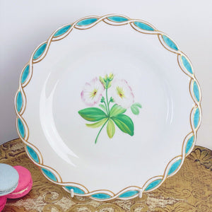 Antique Minton style dessert plate, central handpainted floral study, turquoise