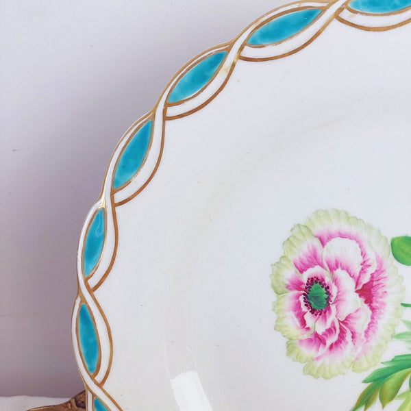 Antique Minton style dessert plate, central handpainted floral study, turquoise