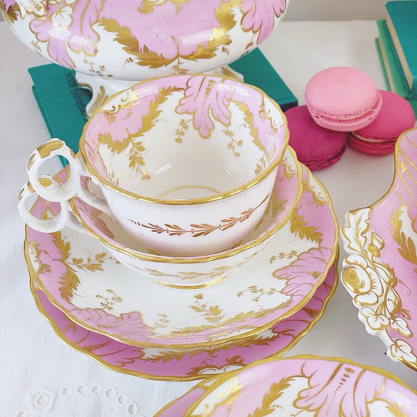 Antique Ridgway tea set, pink and gold, teapot, cake plate, sucrier, true trios