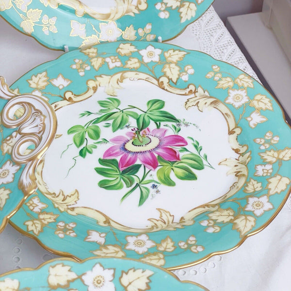 Samuel Alcock dessert service, six plates two comports, turquoise handpainted