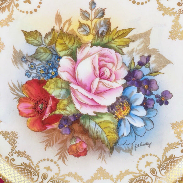 Aynsley J A Bailey signed 10.5 inch plate, handpainted cabbage rose, red ground