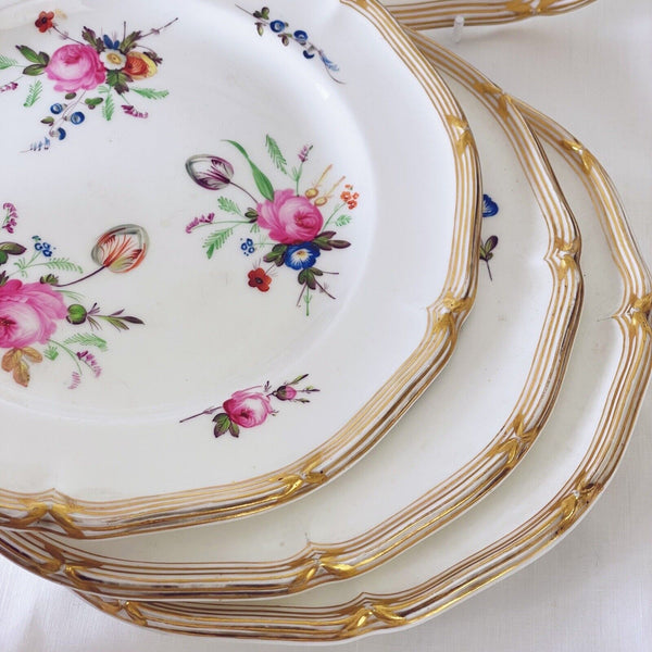 Set of four antique Davenport plates with handpainted flowers, dessert service