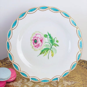 Antique Minton style dessert plate, central handpainted floral study, turquoise