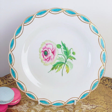 Antique Minton style dessert plate, central handpainted floral study, turquoise