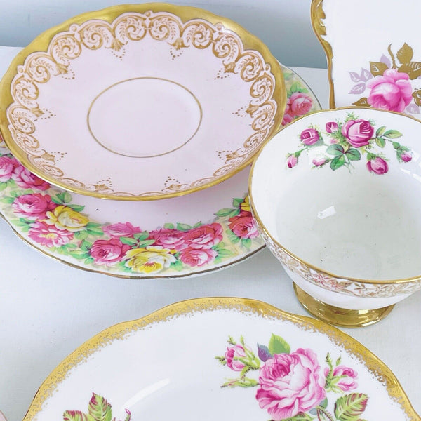 Vintage mismatch 21 piece tea set, pinks and greens, cake plate, trios, jug bowl