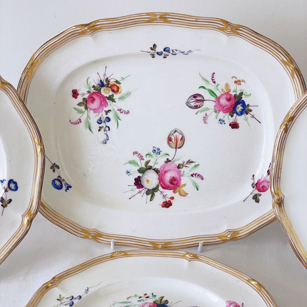 Set of four antique Davenport plates with handpainted flowers, dessert service