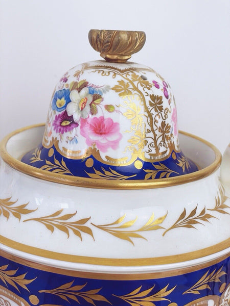 Antique Yates tea or hot water pot, handpainted flowers, cobalt ground.