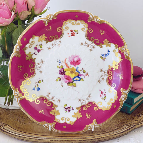 Antique H and R Daniel c-scroll serving plate, handpainted pink roses flowers