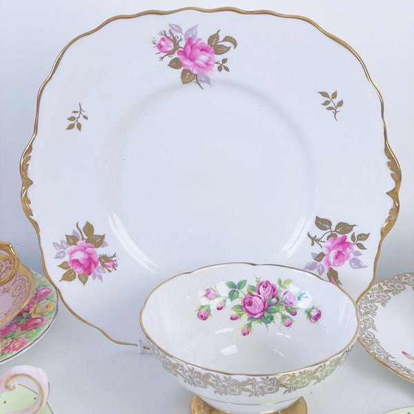 Vintage mismatch 21 piece tea set, pinks and greens, cake plate, trios, jug bowl