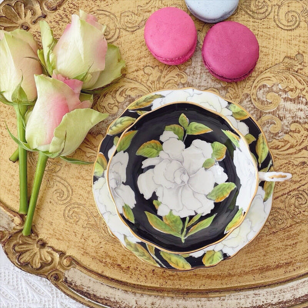 Vintage Paragon cabinet cup duo, white/yellow cabbage roses, double warrant