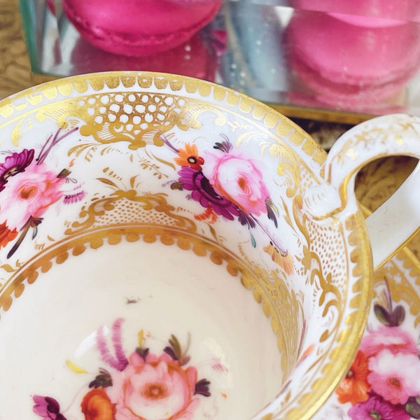 Antique Coalport Empire shape cup and saucer, c1820, handpainted flowers.