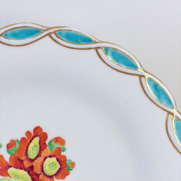 Antique Minton style dessert plate, central handpainted floral study, turquoise