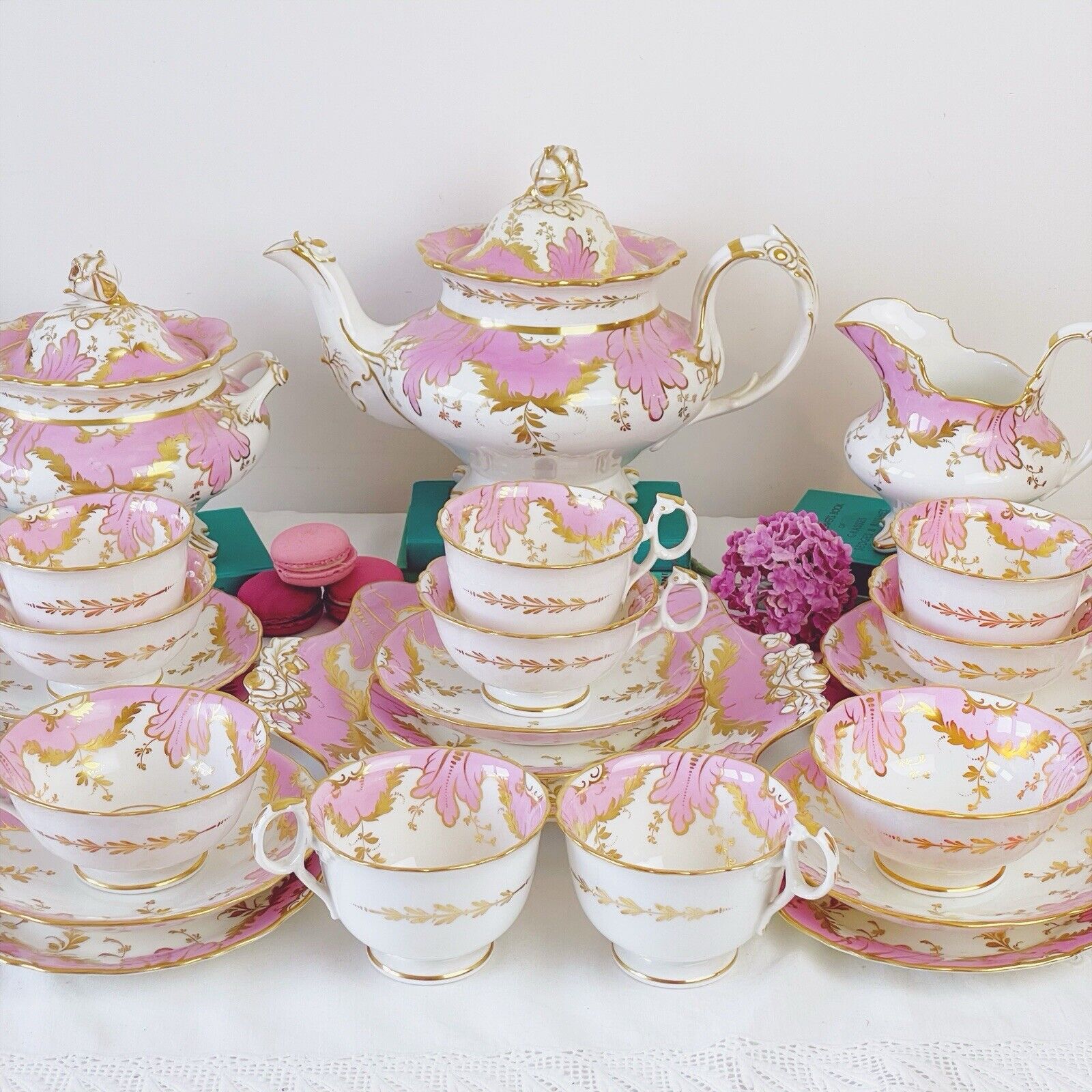 Antique Ridgway tea set, pink and gold, teapot, cake plate, sucrier, true trios