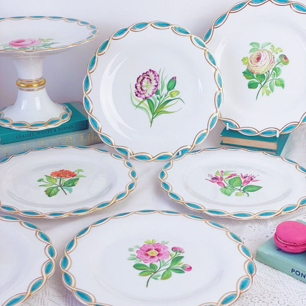 Antique Minton style dessert service, comport + 6 plates, cabbage rose turquoise