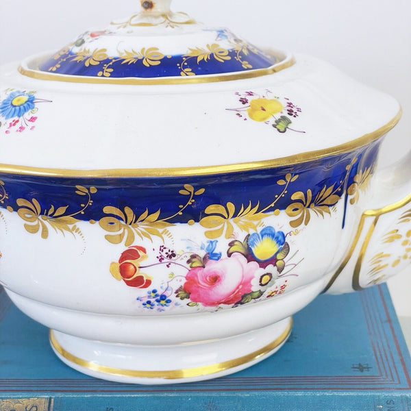 Antique Minton N shaped teapot, c1825, cobalt blue, handpainted flowers, useable