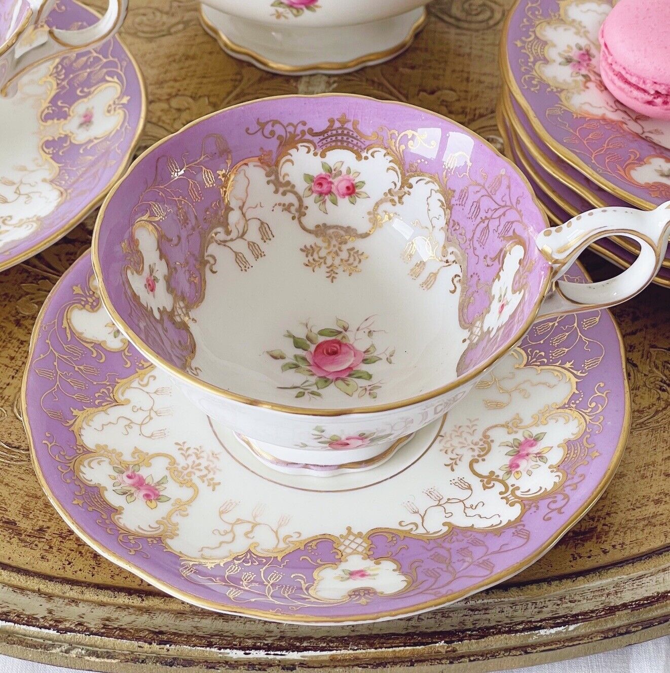 Coalport cabinet cup, lilac ground, handpainted cabbage roses, batwing interest