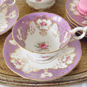 Coalport cabinet cup, lilac ground, handpainted cabbage roses, batwing interest