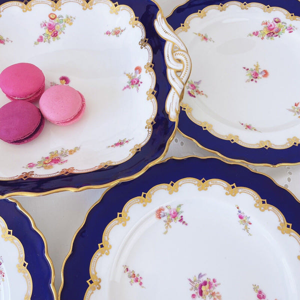 Antique Coalport dessert service, six plates and two serving dishes, c1890s