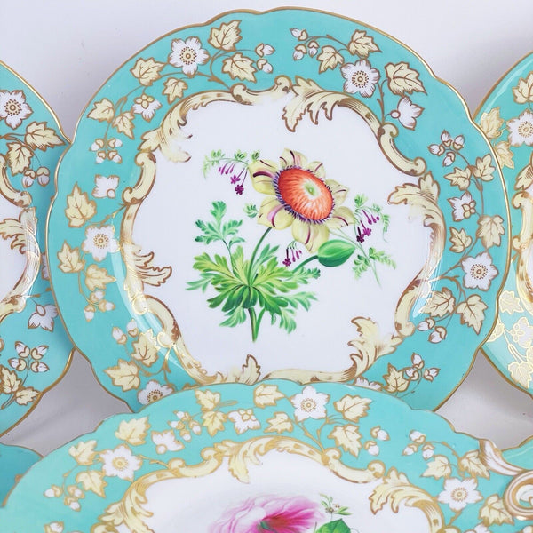 Samuel Alcock dessert service, six plates plus comport, turquoise handpainted