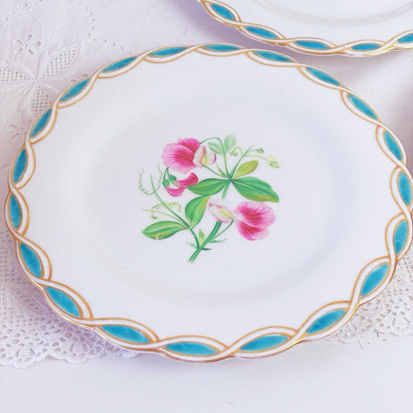 Antique Minton style dessert service, comport + 6 plates, cabbage rose turquoise