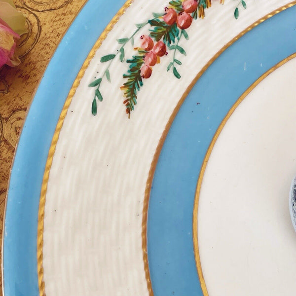 Antique Bodley plate, basketweave moulding, handpainted floral sprays, turquoise