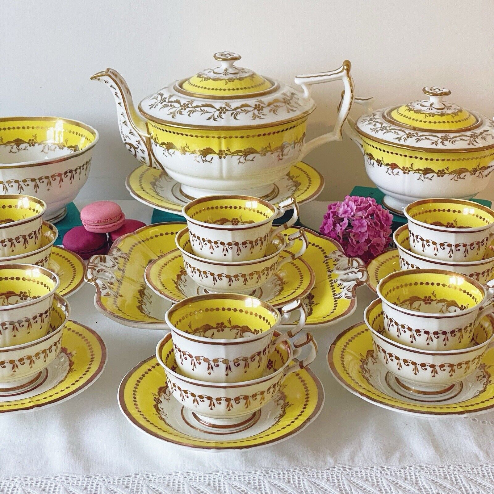 Antique Minton tea set, teapot, teacup, coffee cup, saucers, sucrier, cake plate