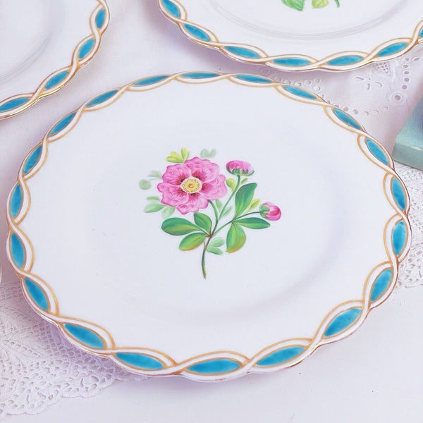 Antique Minton style dessert service, comport + 6 plates, cabbage rose turquoise