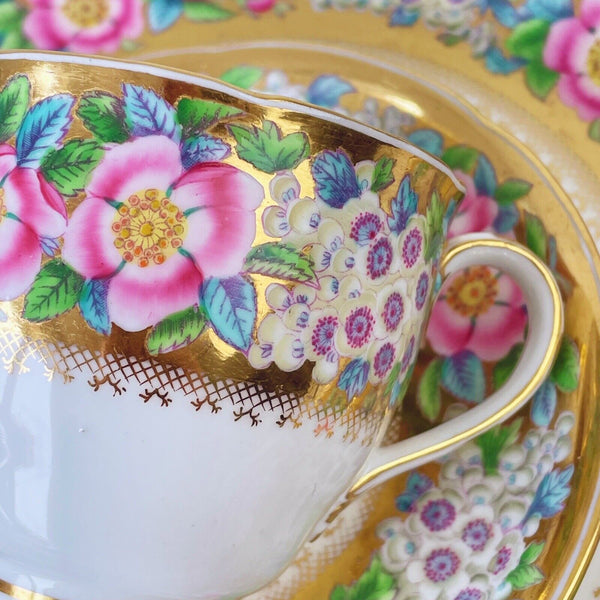 Antique Coalport teacup and saucer set with large plate, handpainted roses, gilt