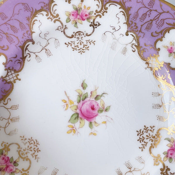 Set of four Coalport tea plates, lilac ground, handpainted cabbage roses